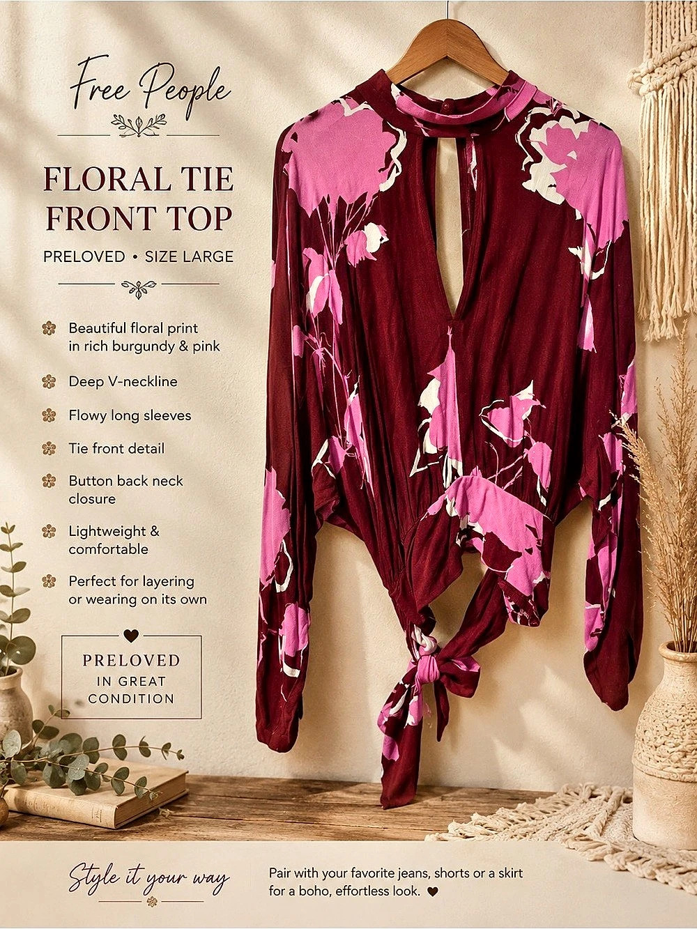 Free People Floral Tie Front Blouse Pink & Burgundy Large Preloved